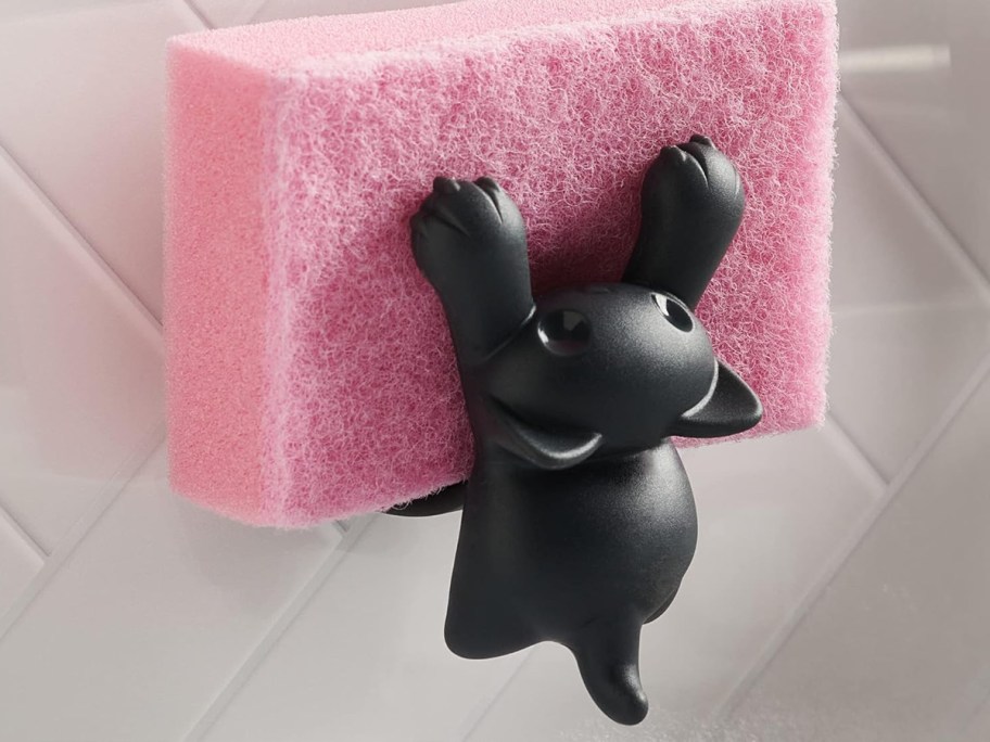 pink sponge inside of a black cat sponge holder