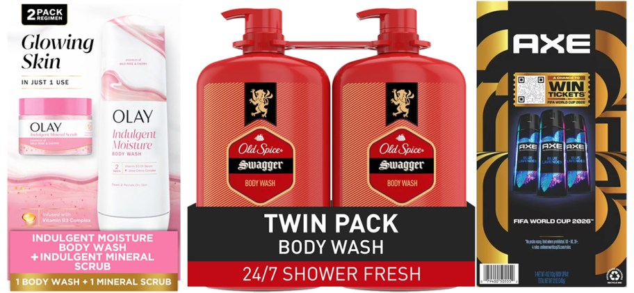 olay, old spice, and axe body wash and body spray sets