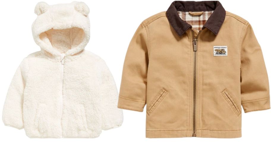 A white baby jacket with fuzzy ears, and a small brown baby jacket