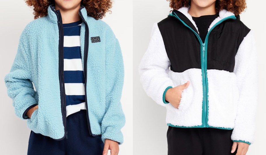 two boys in blue and white sherpa jackets