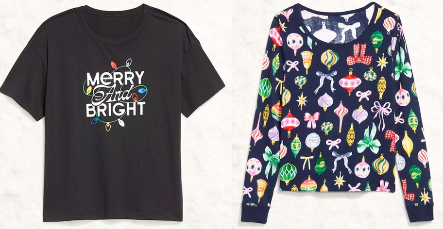 two christmas themed pajama tops