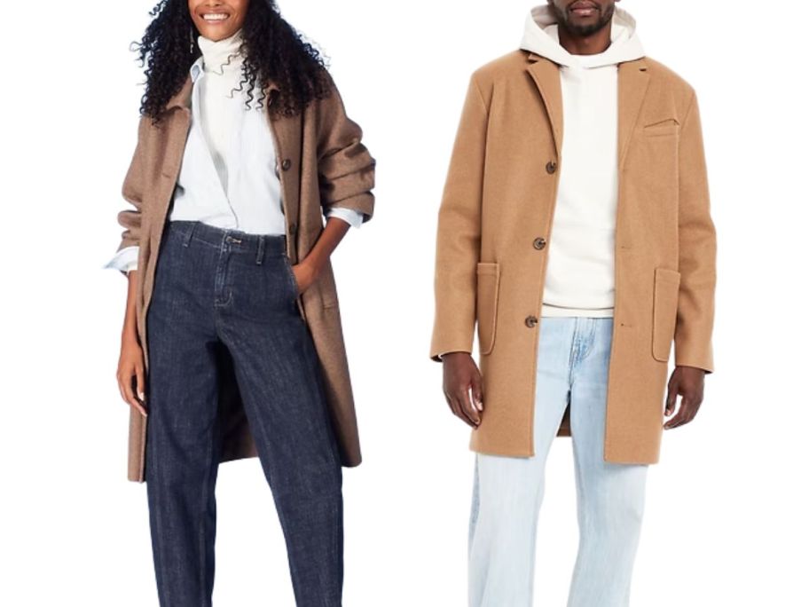 A man anaad a woman in long brown jackkets