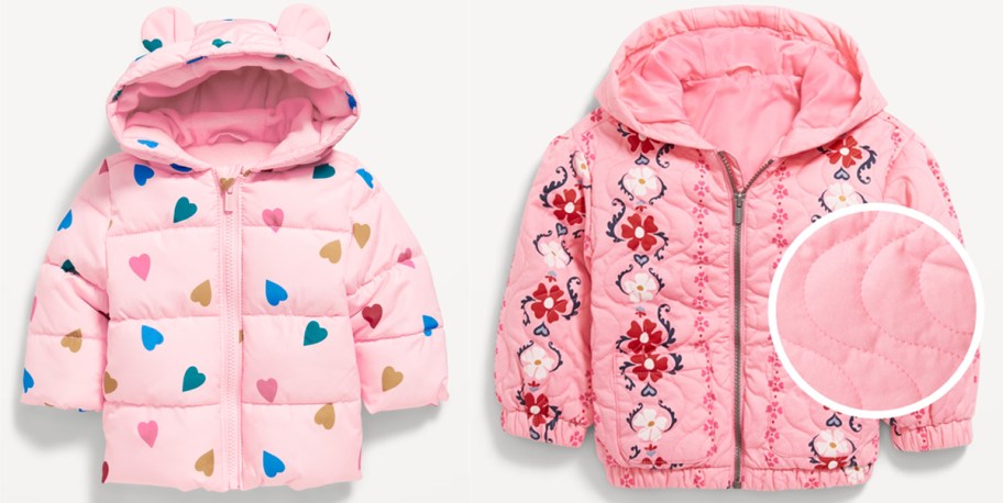 two pink puffer jackets
