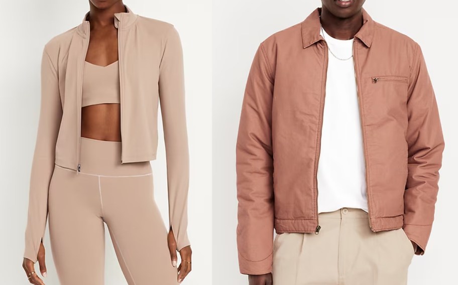 woman and man in tan jackets