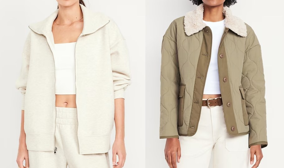 two women in white and tan jackets