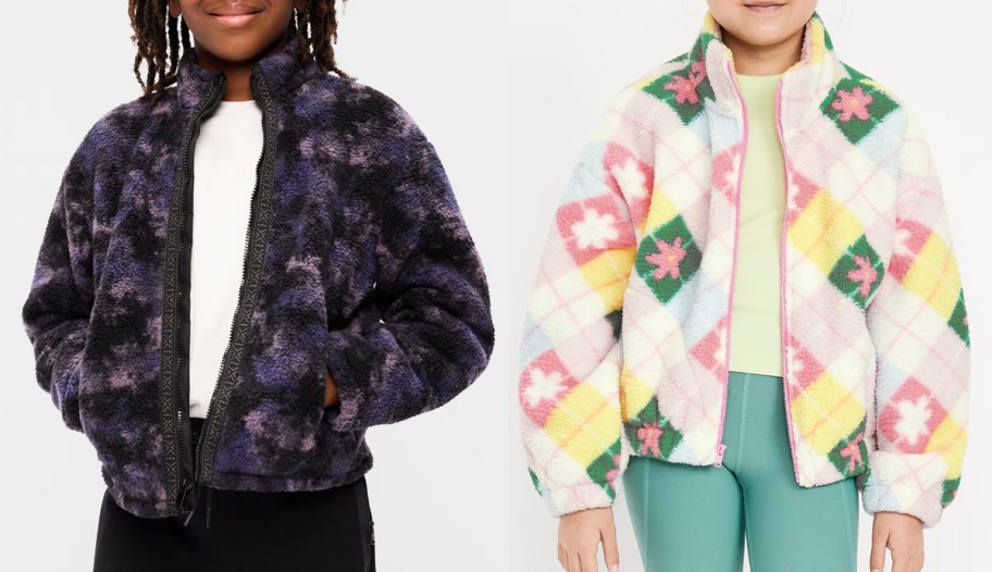 boy and girl in printed fleece jackets