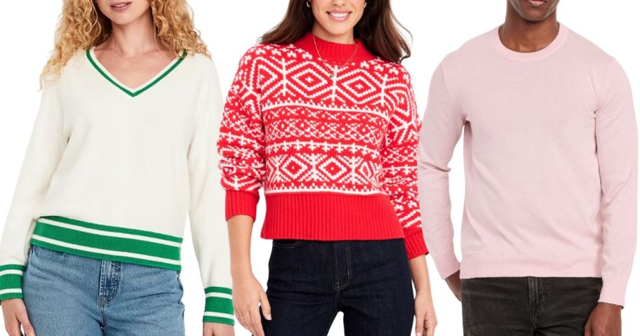 3 people wearing sweaters: white and green, red and white fair isle pattern, and pink