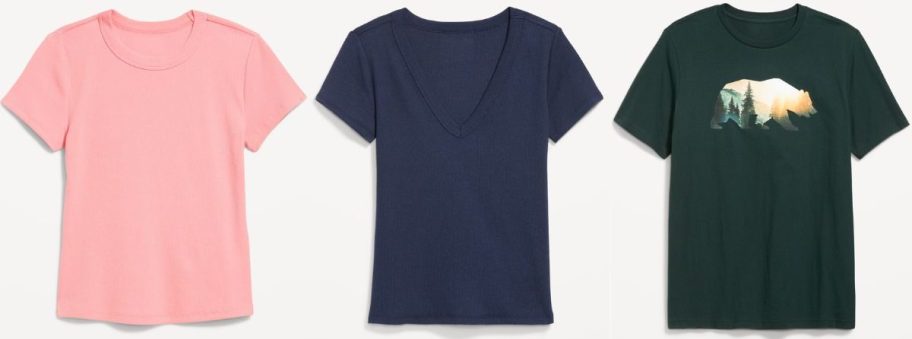 Stock images of 3 old navy tees for women and men