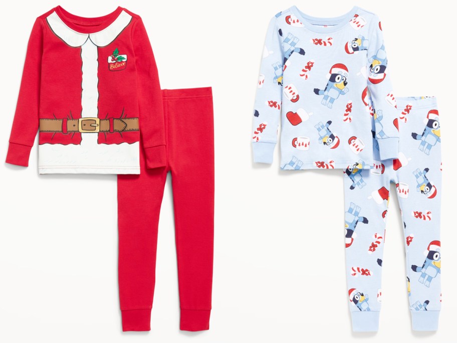 pairs of santa and bluey print pajama sets