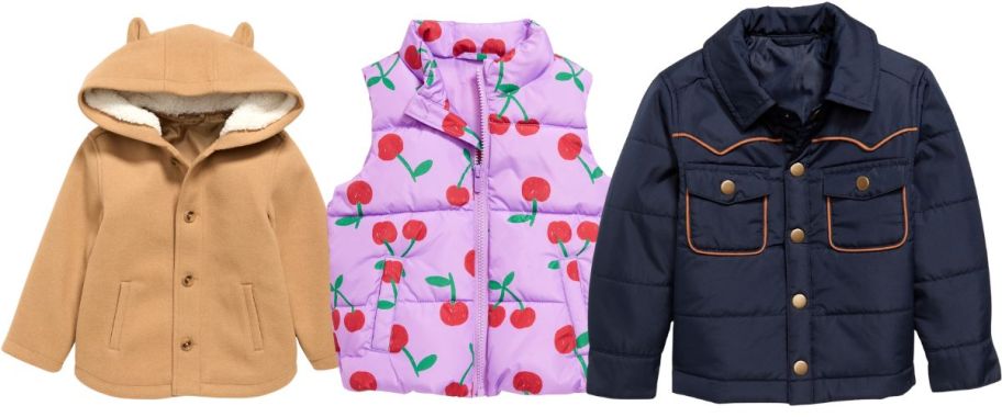toddler jackets: a brown button down with animal ears, a vest with cherries on it, and a dark denim jacket