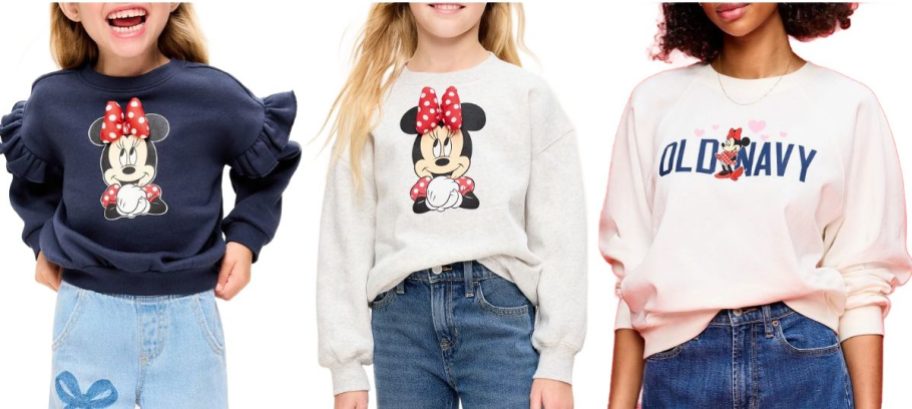 Stock images of 3 girls wearing Old Navy Disney Sweatshirts