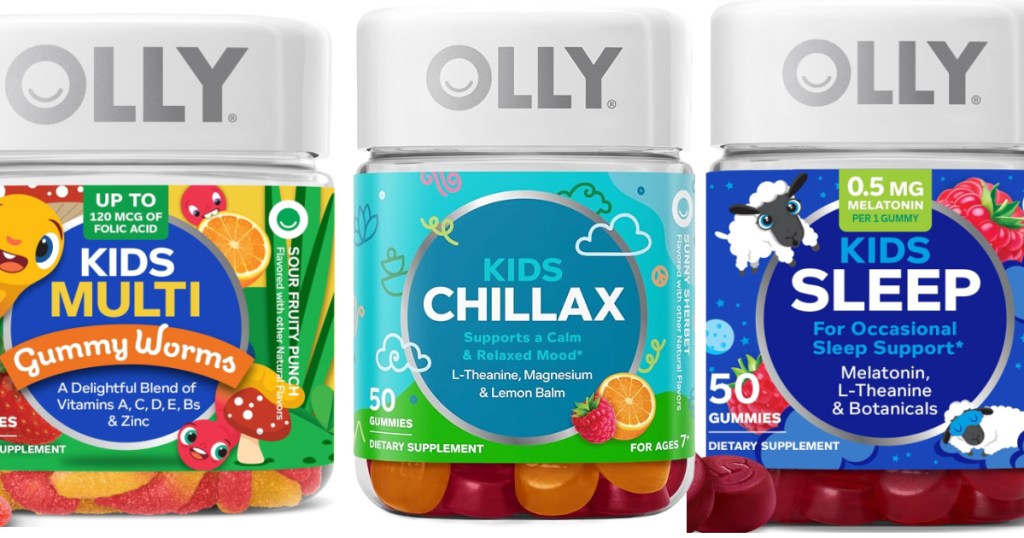 Three bottles of Olly kids vitamins next to one another