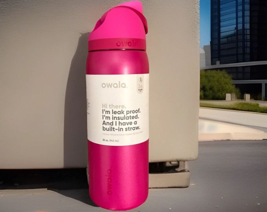 A pink water bottle in front of a couch