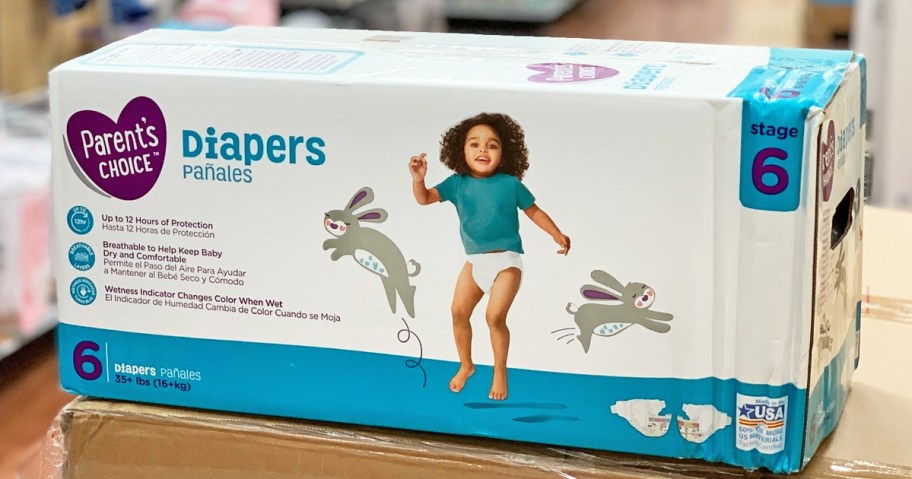 white and blue box of Parent's Choice diapers
