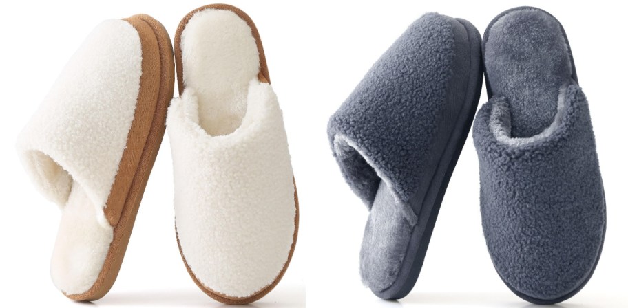 Two pairs of fuzzy slippers. One is beige and one is grey.
