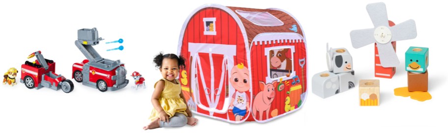 Paw Patrol Marshall Split-Second 2-in-1 Transforming Vehicle, Cocomelon Old MacDonald's Musical Barn Pop-Up Tent, Melissa & Doug Blockables Farm Friends Snap And Play Wooden Building Blocks
