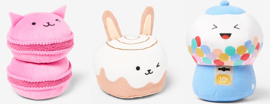 cat macaron, bunny cinnamon roll, and gum ball machine pillows