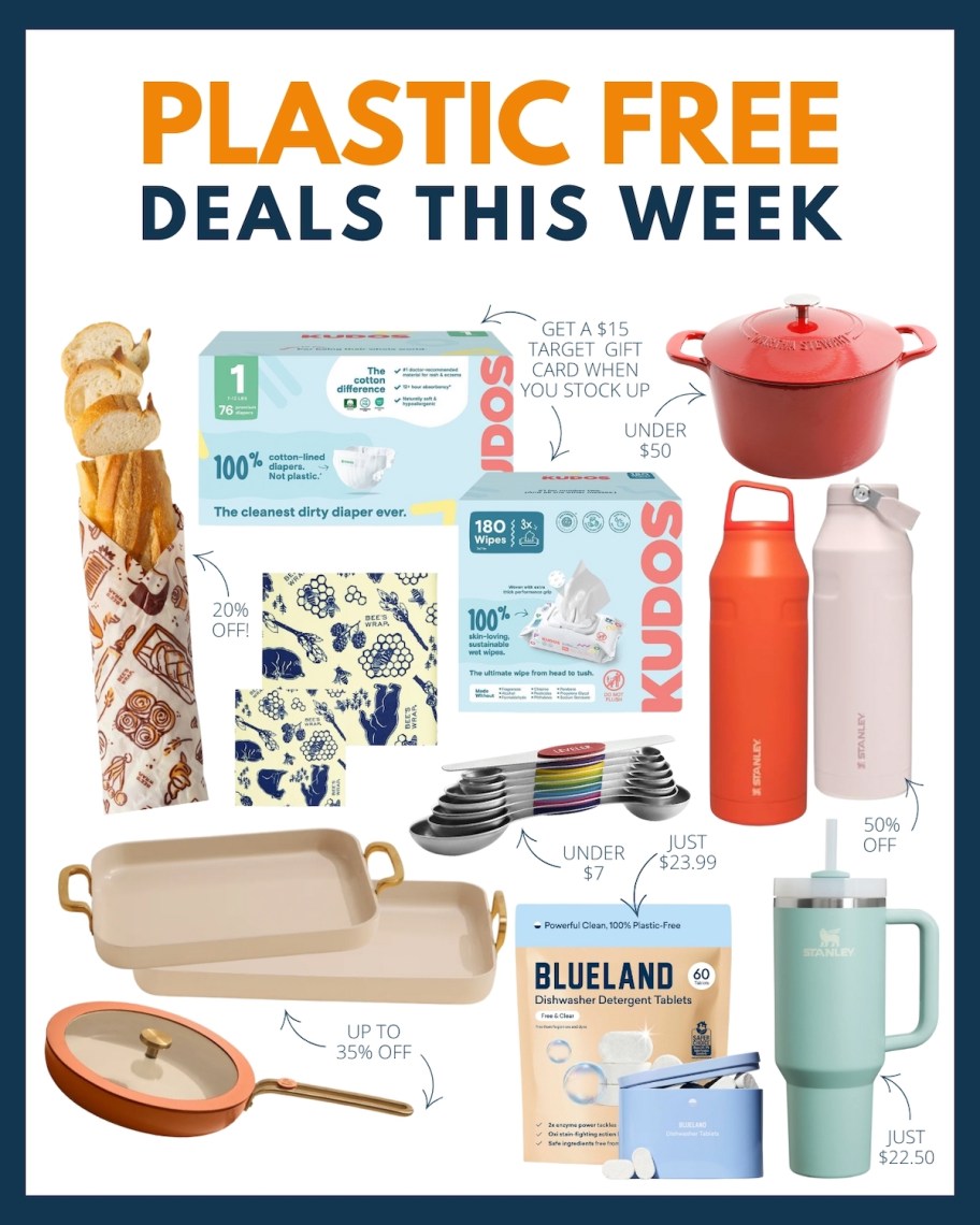 plastic free deals this week collage graphic with random on sale items