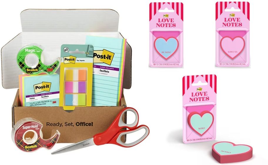 post-it supplies in a box, scissors, and heart-shaped notes