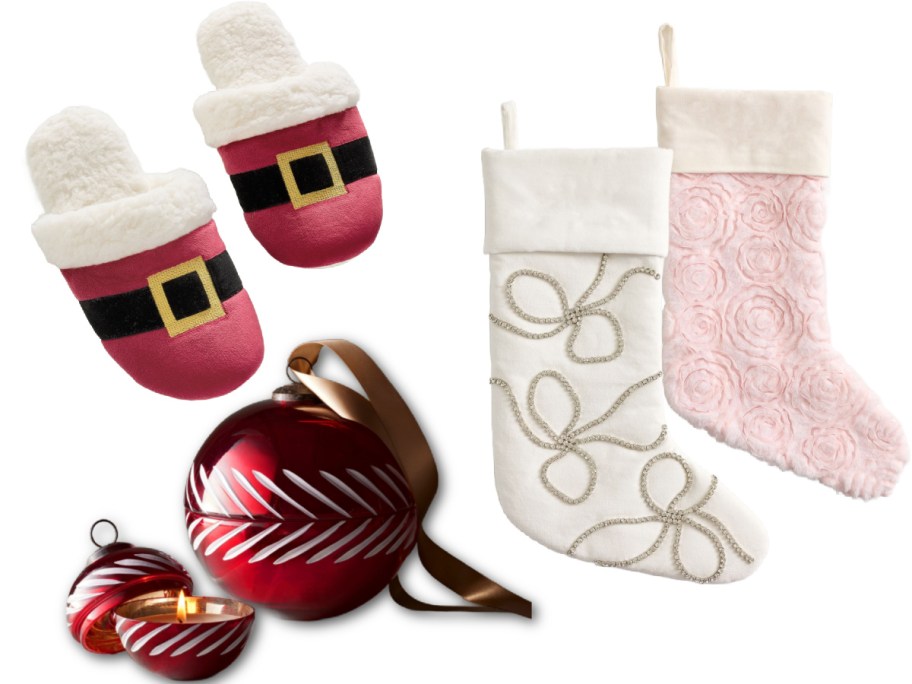 Stock images of Pottery Barn Christmas Decor and slippers