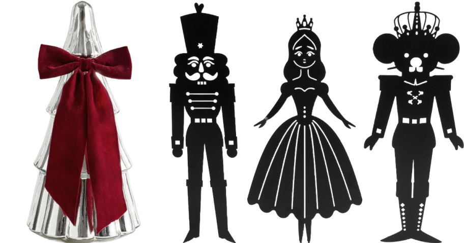 Stock images of a Mercury Silver Tree and Nutcracker Shaped Figural Silhouette Decorations from Pottery Barn