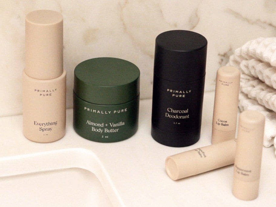 Primally Pure products on bathroom counter