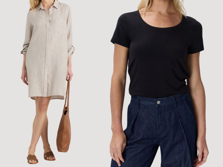 Quince 100% European Linen Shirt Dress and Cotton Modal Scoop Neck Tee
