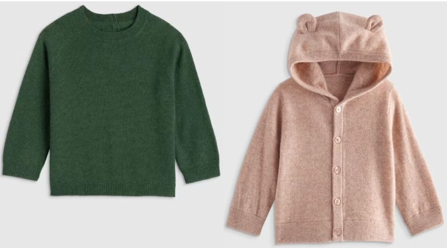 Stock images of two Quince Baby Sweaters