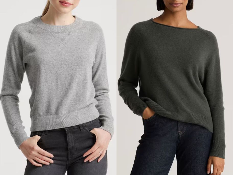 Stock images of two women wearing Quince Cashmere tops