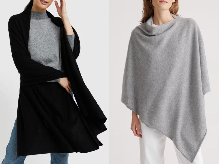 Stock images of two women wearing a Quince Cashmere Wrap and Poncho