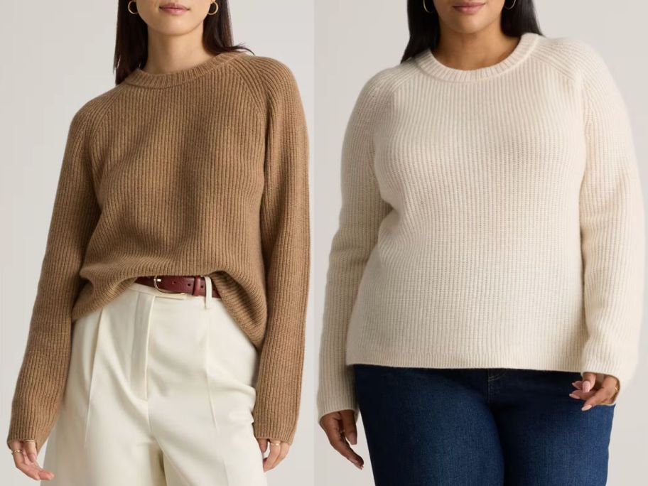 Stock images of two women wearing Quince Cashmere Fisherman Sweaters