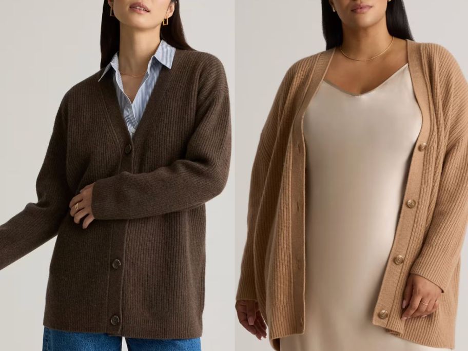 Stock images of two women wearing Quince Cashmere Fisherman Cardigan Sweaters