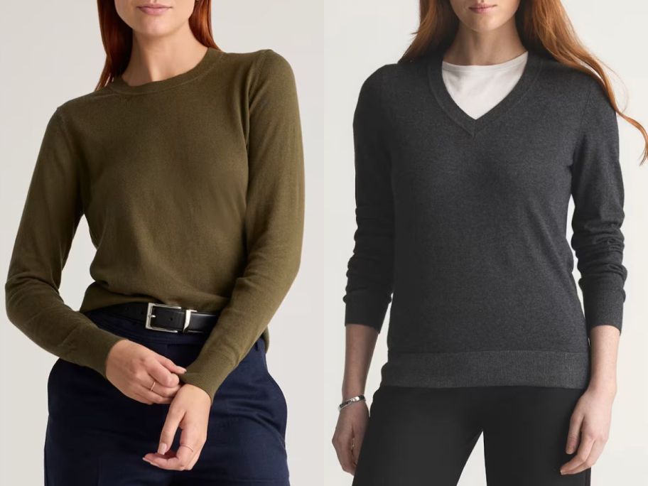 Stock images of two women wearing Quince Sweaters