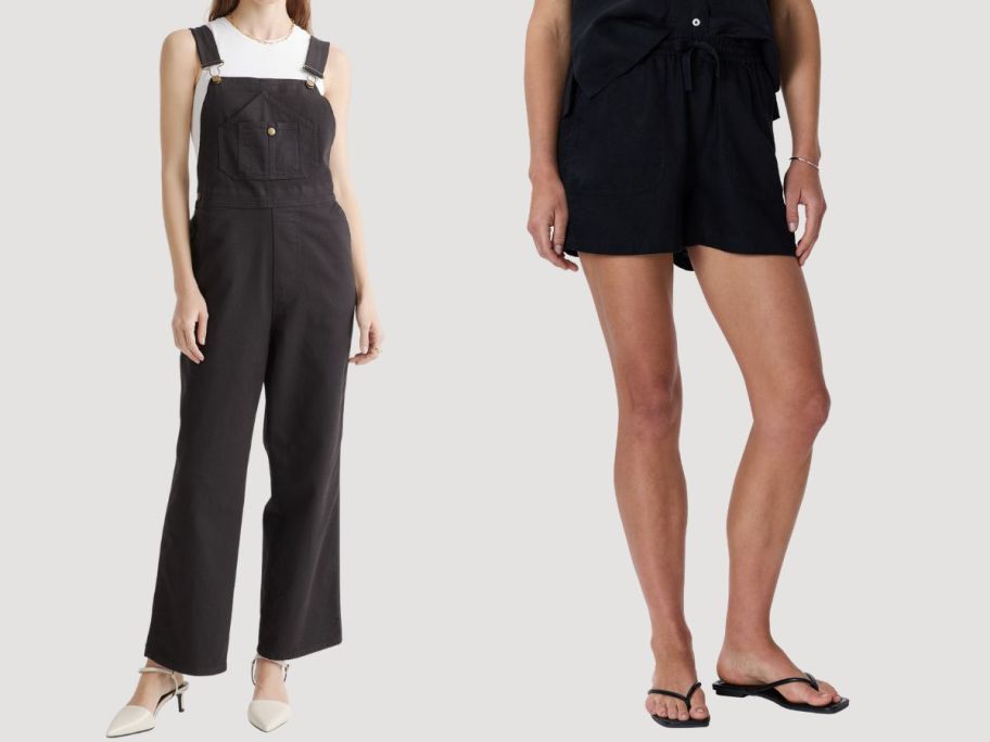 Quince Organic Stretch Cotton Twill Relaxed Overalls and 100% European Linen Shorts