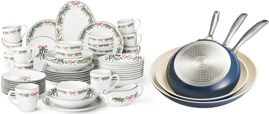 holiday dinnerware set and frying plans set