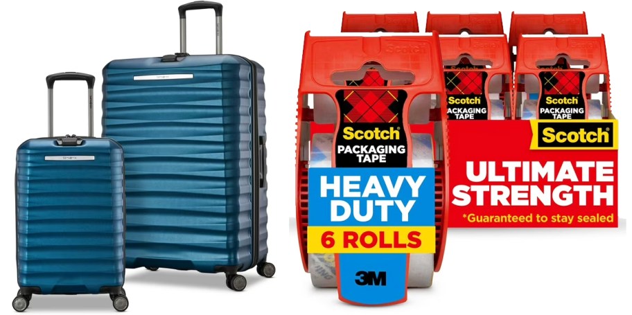 blue luggage set and 6-pack of shipping tape rolls