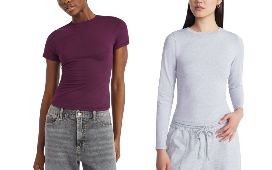 stock image of scoop t-sirts in burgundy and gray