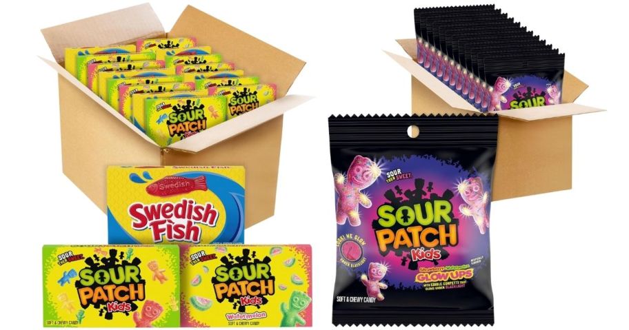 A box filled with Sour Patch Kids and Swedish Fish and another box of Glow Up Sour Patch Kids bags 