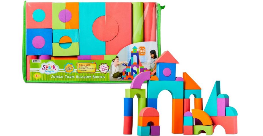 colorful foam blocks made into a tower and a bag full of them