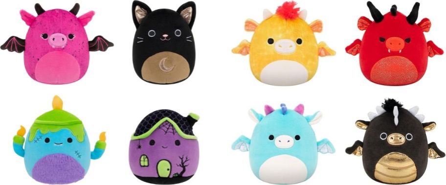 8 Squishmallow plushies dragons and Halloween critters