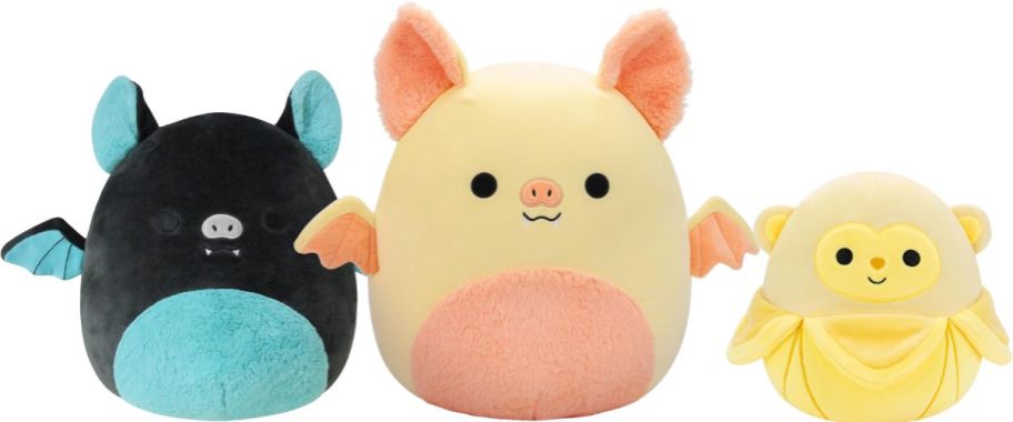 3 Squishmallow plushies: 2 fruits bats and a monkey