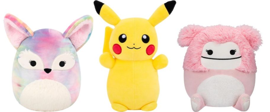 A multicolored fox, yellow Pokemon, and pink Yeti plush friends