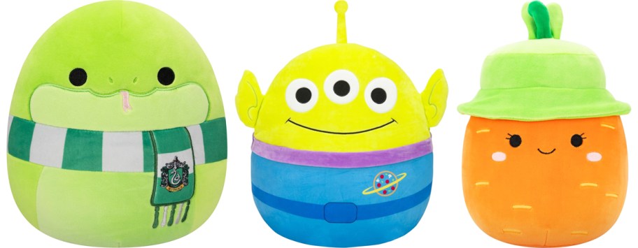 Slytherin Snake, Toy Story Alien, and carrot with a bucket hat squishmallows plush