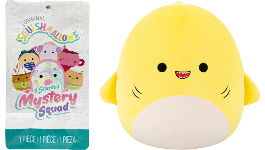 mystery plush and yellow shark squishmallow