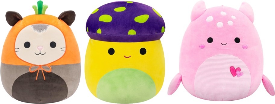opossum, yellow mushroom, and pink loch ness monsterysqwuishmallows