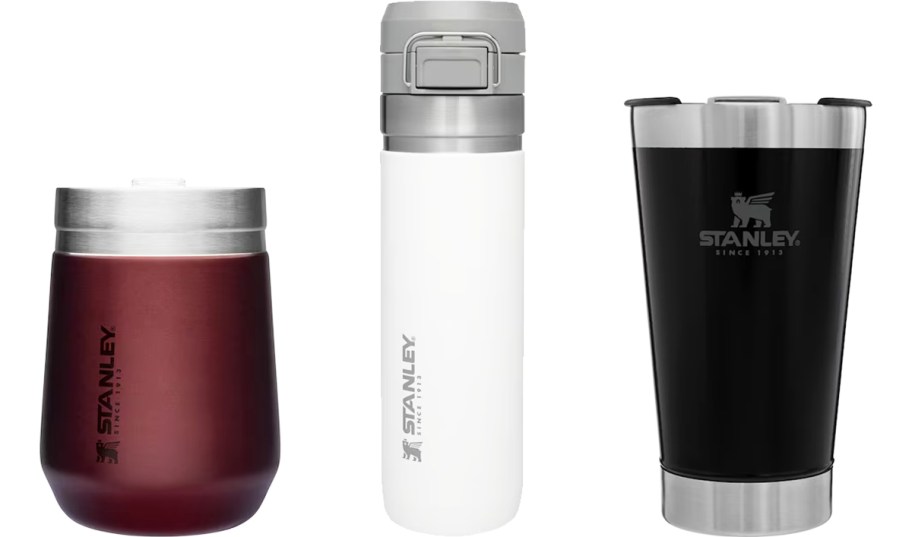 stanley wine tumbler, bottle, and beer pint