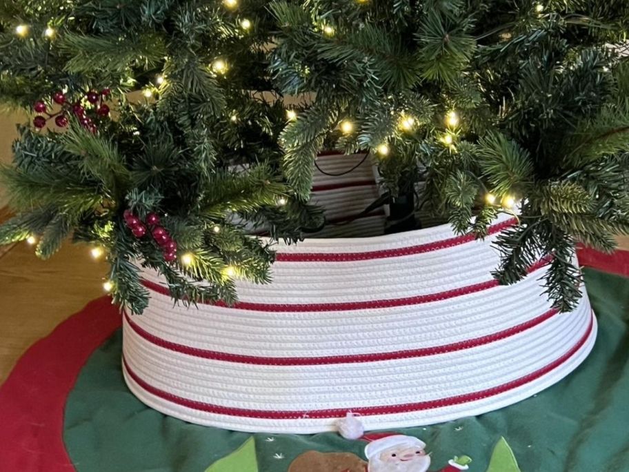 Striped tree collar around a large christmas tree