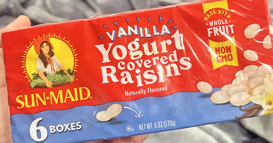 hand holding a 6-pack of Sun-Maid Yogurt Covered Raisins