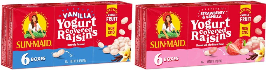 two red boxes of Sun-Maid Yogurt Covered Raisins