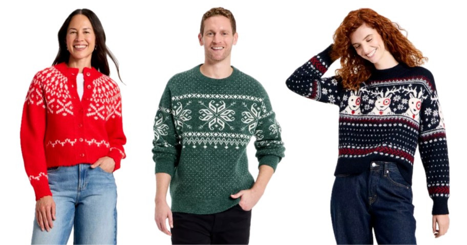 2 women and 1 man in holiday sweaters